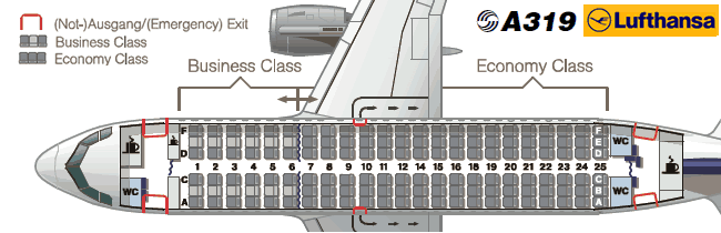 Lufthansa Airbus A319 схема салона 138 мест
