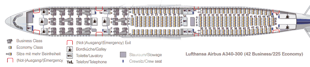 Lufthansa Airbus A340-300 схема мест 42 бизнес 225 эконом