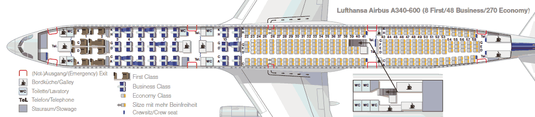 Lufthansa Airbus A340-600 seating plan 8 48 270