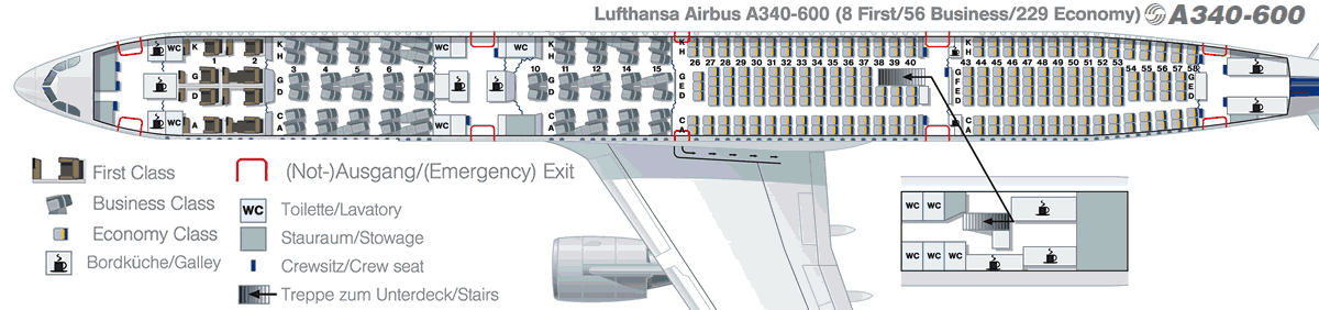Lufthansa Airbus A340-600 seating-plan 8F 56C 229M